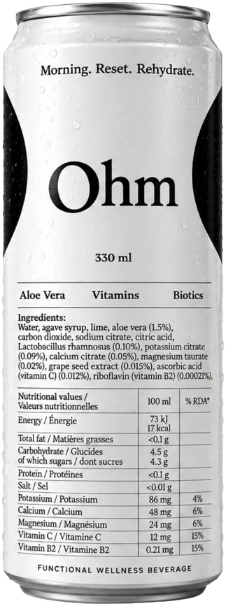 The white Ohm can standing on calm water at sunrise, its reflection is the black H2 can